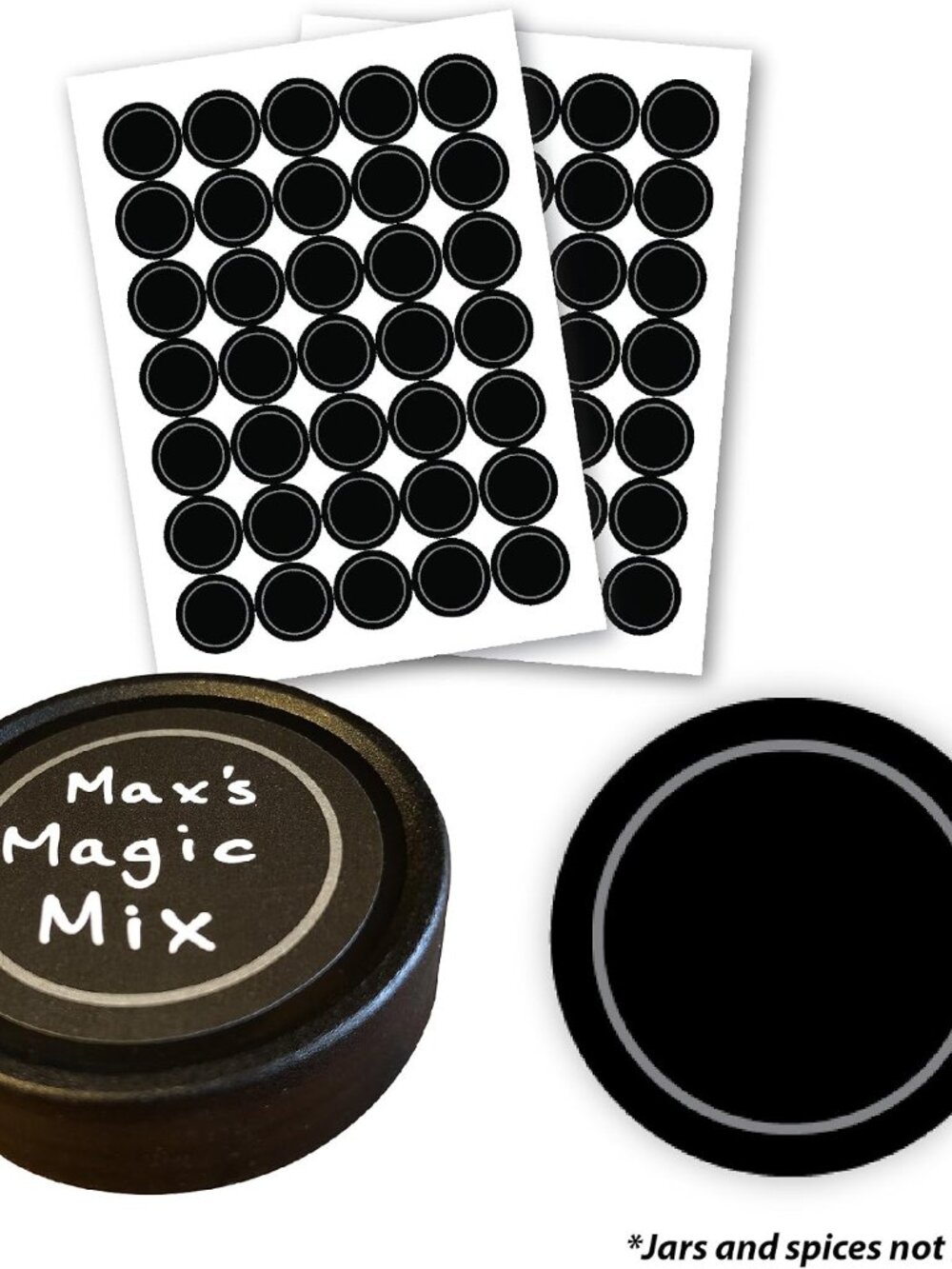 70 Black Water Resistant Round Spice Jar Labels Set 1.5"- Fits Penzeys and Jars-